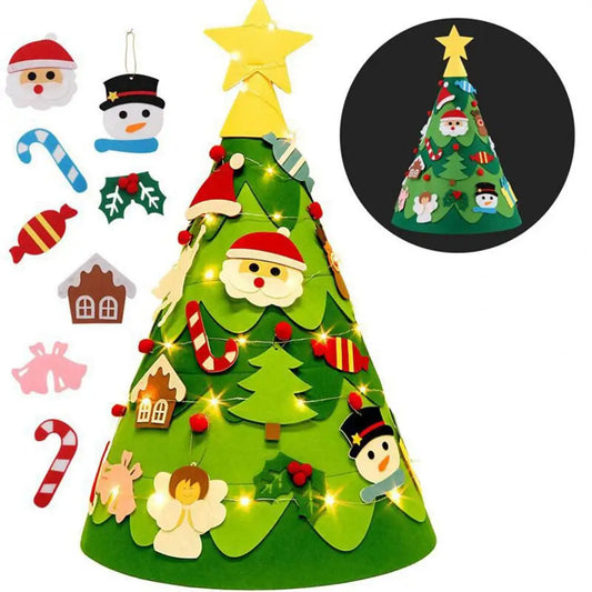 1 Set Felt Christmas Tree 3D DIY Xmas Tree Set With 32 Ornaments Kids Montessori Toy For Toddlers Holiday Home Table Decoration