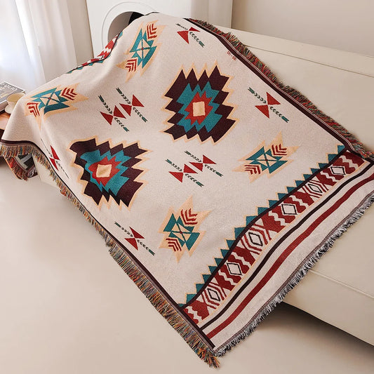 Oversized Boho Throw Blanket with Fringe, Southwestern Geometric Tapestry Vintage Woven Throw Blankets, Double-Si