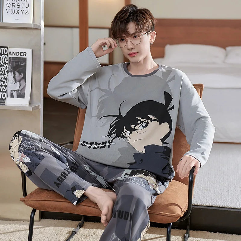 Conan men's long-sleeved round neck pure cotton pajamas cartoon printing casual simple loungewear set