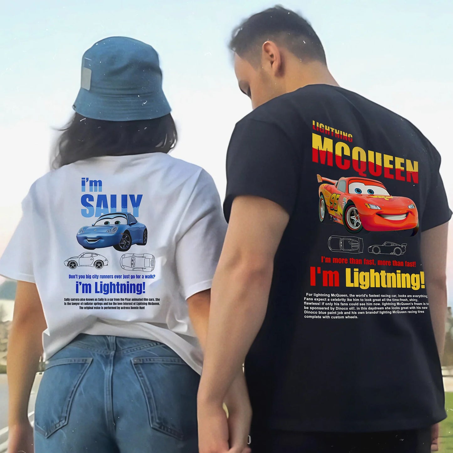 Lightning Mcqueen and Sally Couples T-shirt Merch Outfit for Men Women Sally and Mcqueen T Shirts for Couple Gift Tee Back Print