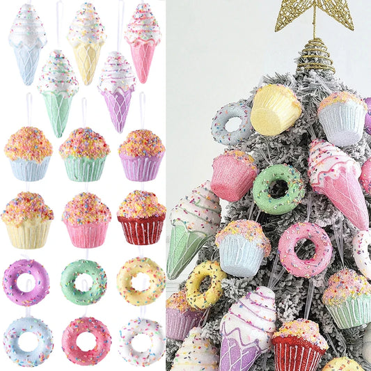 5-6pcs Macaron Ice Cream Cake Donut Pendant Christmas Tree Hanging Decoration Kids New Year Gifts Home Party Noel Navidad 2024