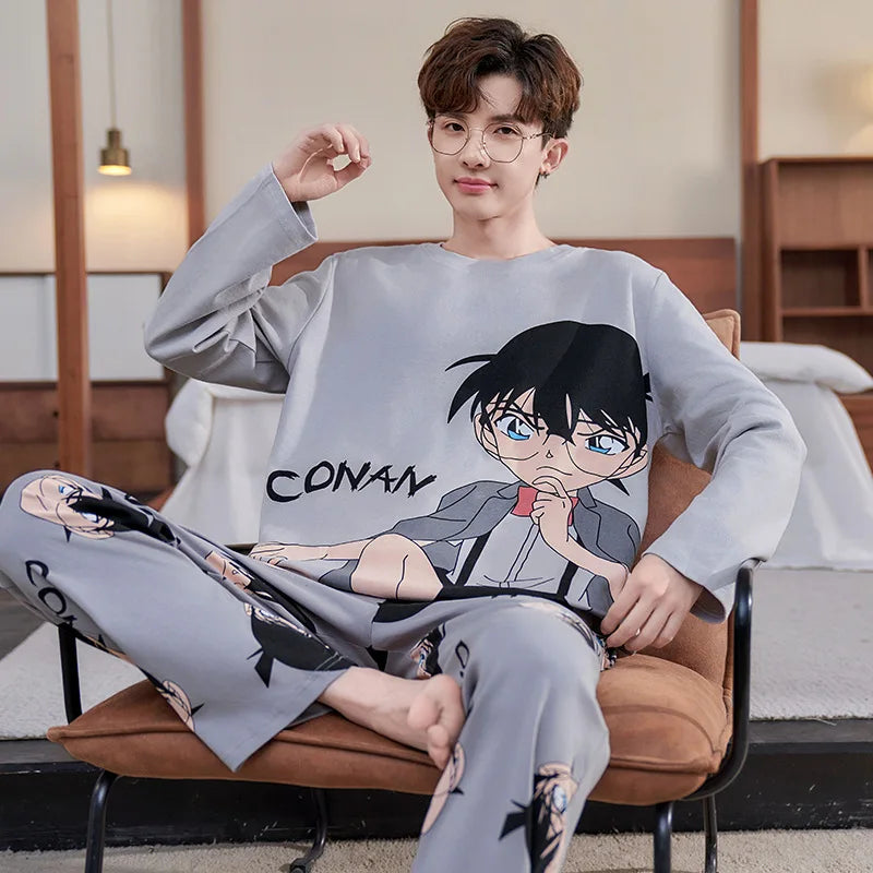 Conan men's long-sleeved round neck pure cotton pajamas cartoon printing casual simple loungewear set