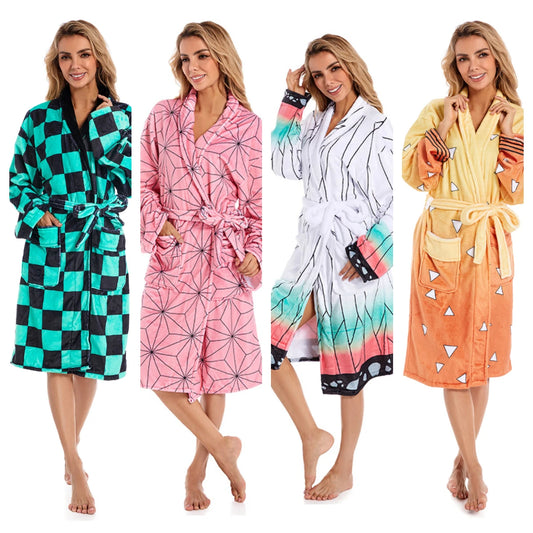 Anime Cosplay Costume Bathrobe, Kamado Nezuko Tanjirou Tomioka Giyuu Coral Fleece Bath Robe Dressing Gown Cloak