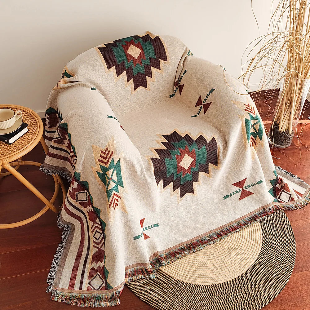 Oversized Boho Throw Blanket with Fringe, Southwestern Geometric Tapestry Vintage Woven Throw Blankets, Double-Si