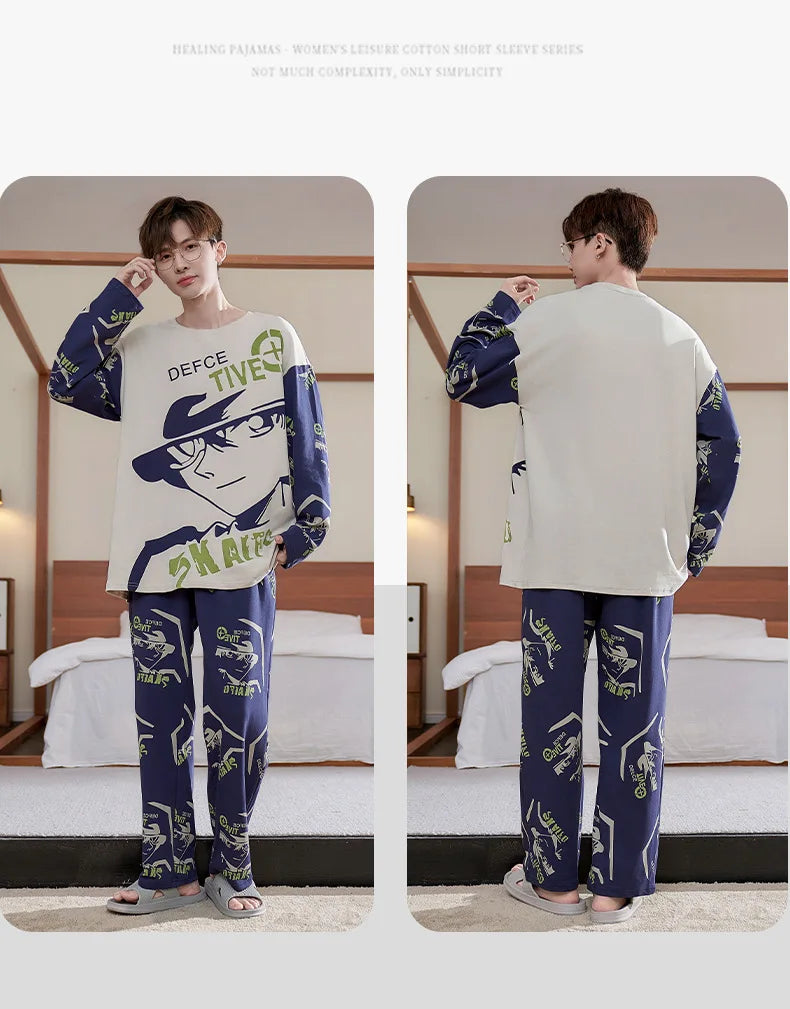 Conan men's long-sleeved round neck pure cotton pajamas cartoon printing casual simple loungewear set