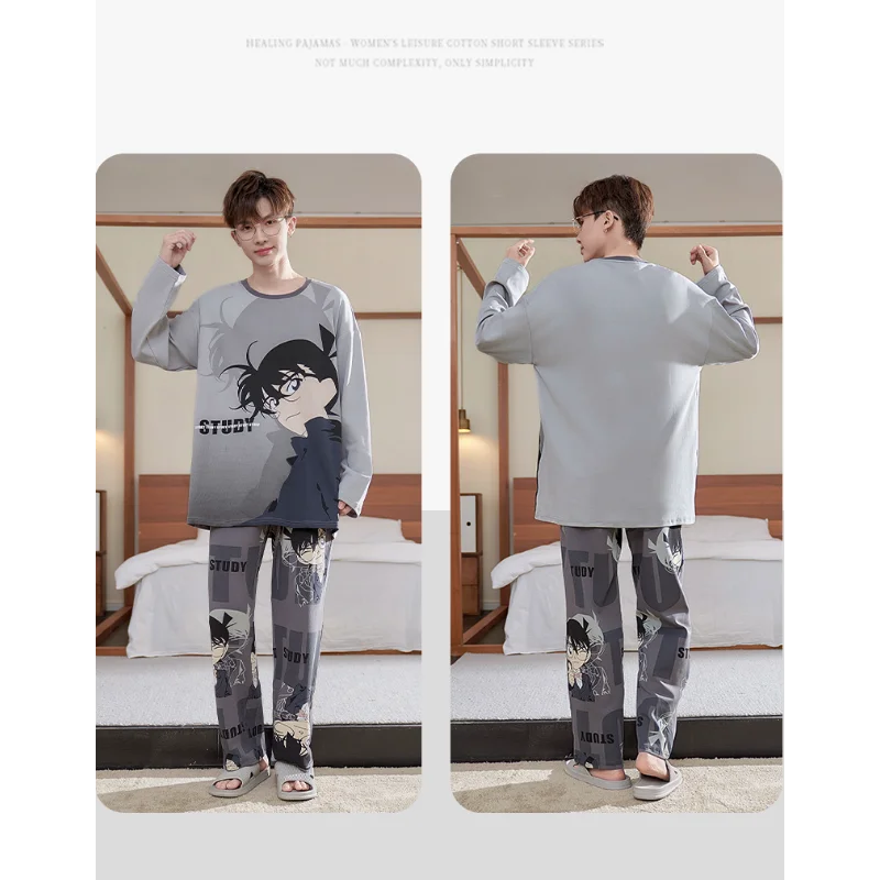 Conan men's long-sleeved round neck pure cotton pajamas cartoon printing casual simple loungewear set