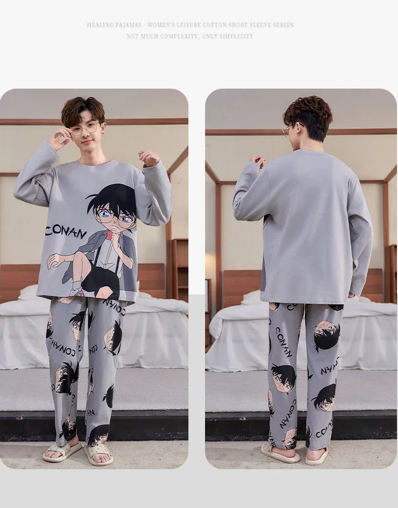 Conan men's long-sleeved round neck pure cotton pajamas cartoon printing casual simple loungewear set