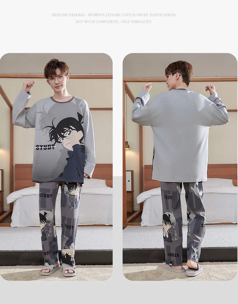 Conan men's long-sleeved round neck pure cotton pajamas cartoon printing casual simple loungewear set