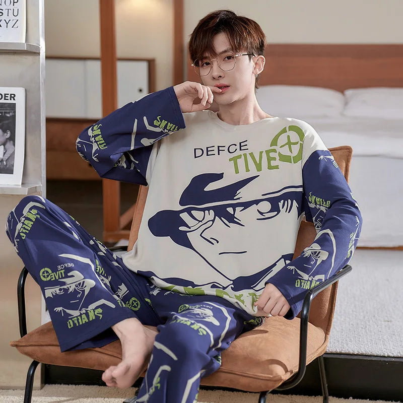 Conan men's long-sleeved round neck pure cotton pajamas cartoon printing casual simple loungewear set