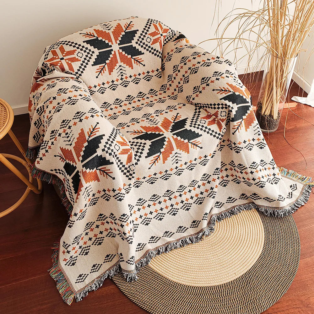 Oversized Boho Throw Blanket with Fringe, Southwestern Geometric Tapestry Vintage Woven Throw Blankets, Double-Si