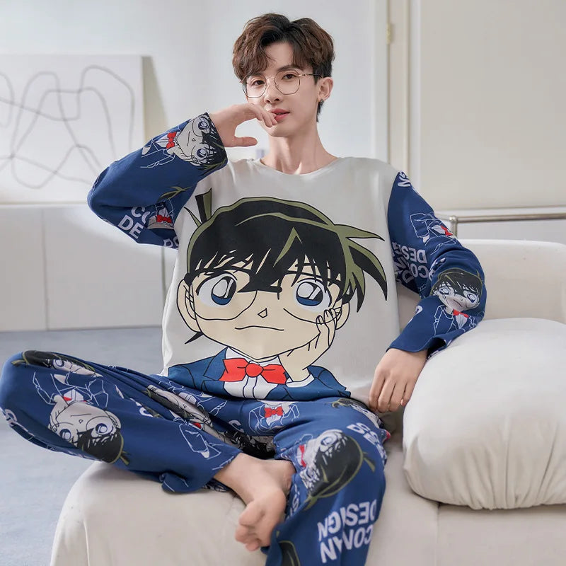 Conan men's long-sleeved round neck pure cotton pajamas cartoon printing casual simple loungewear set