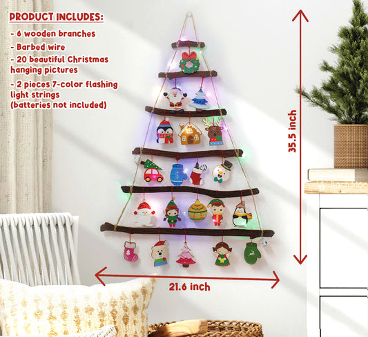 35 in Wall Hanging Mounted Christmas Trees Wood Ladder Tree Wall Hanging Christmas Decor with Christmas LED Light for Holiday Party.